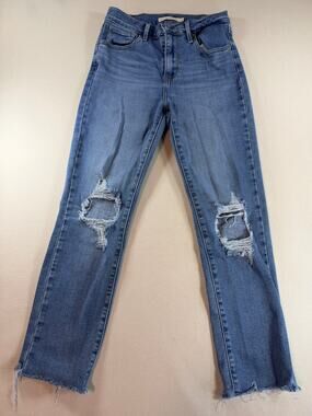 Levi's 724 High Rise Straight Crop Jeans W25 Distressed Raw Hem Light Blue Women